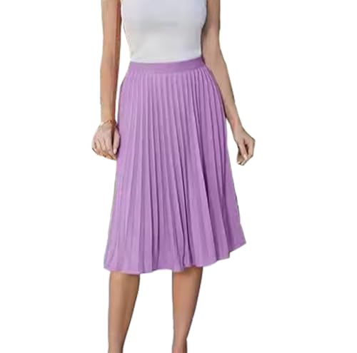 Women’s Midi Pleated Chiffon Skirts Casual Elastic High Waist Flowy Swing Knee Length A Line Skirt