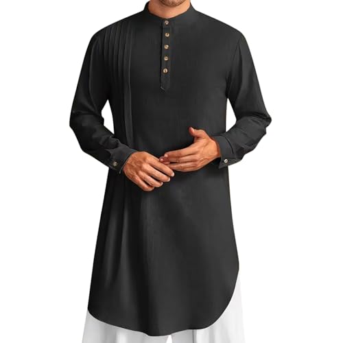 Mens Kaftan Thobe Cotton Linen Muslim Tunic Shirt Long Sleeve Stand Collar Button Up Robe Casual Dress Gown Arabic Clothing 01 Black Large
