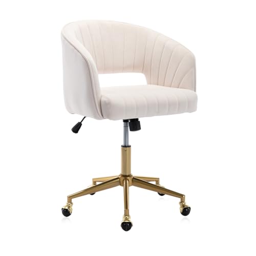 Image of Eifizek Velvet Office Desk Chair, Modern Home Desk Chair with Wheels & Gold Base, Swivel Vanity Chair for Bedroom, Office, Living Room Vanity Study (Ivory)