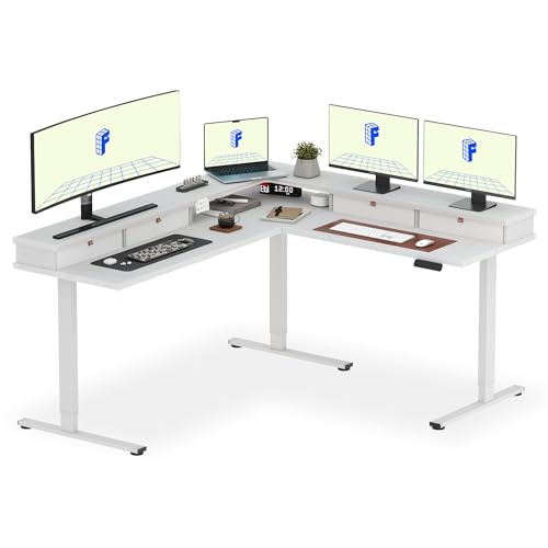 FLEXISPOT 71" Large L Shaped Standing Desk Electric Corner Table with Shelf, 4 Storage Drawers, Adjustable Computer Workstation for Home, Office, Game, Studio, White Top + White Frame