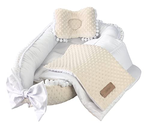 Lafel nid de bebe babynest,kokon,Cocon bébé élégant et exclusif - un cocon décoré de pompons décoratifs. 5 éléments : cocon, oreiller, couverture, matelas et nounours - Couleur écru Cover