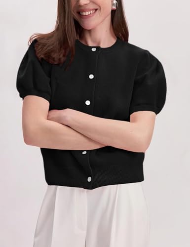 Womens Lightweight Puff Short Sleeve Cardigan Sweater Summer Y2k Cropped Knit Button Up Blouse Tops2