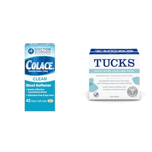 Colace Clear Stool Softener Soft Gel Capsules Constipation Relief 50mg 42ct & Tucks Medicated...