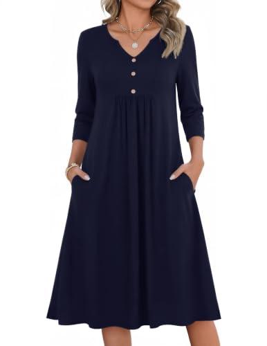 Image of Zeagoo Womens Dresses 3 /4 Sleeve Casual Fall A Line Midi Dress with Pockets