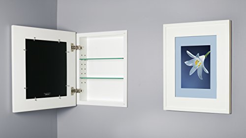 Image of 13x16 Concealed Picture Frame Medicine Cabinet Without Mirror for Bathroom, Recessed in The Wall, Made in North America, Real Wood, NO MDF, Adjustable Shelves, Hidden, White