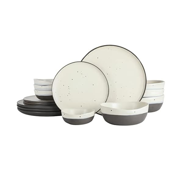 Gibson Elite Rhinebeck Double Bowl Dinnerware Set, Service for 4 (16pcs), White and Black