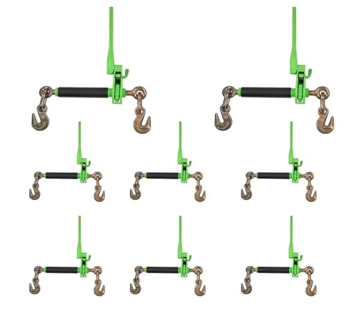 Image of Mytee Products 8 Pack 5 /16 inch - 3 /8 inch Hi-Viz Green Heavy Duty Folding Handle Ratchet Load Binder w /Grab Hook 7,100 lbs WLL | Tie Down Hauling Chain Binders for Flatbed Truck Trailer