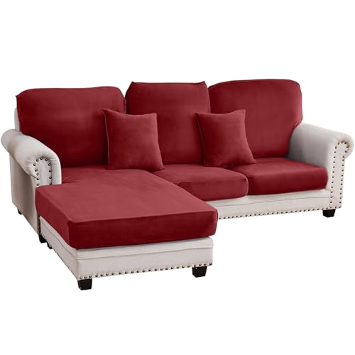 Image of Couch Cover 3-Piece Elastic Velvet Couch Cushion Covers & Chaise Slipcovers for L-Shaped Sofas, Sofa Seat Covers Washable, Soft Cover for Couches (2 Seater + Chaise, Christmas Red)