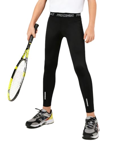 Image of ANGEL CITIZ Boys Football Base Layer Sports Compression Pants Youth Workout Running Leggings Thermal Tights Quick Dry