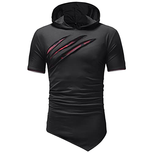 Mens Slim Fit Ripped Hooded Shirts Short Sleeve Irregular Hem Hoodie T-Shirts Solid Color Hip Hop Casual Tops