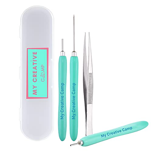 My Creative Camp 4 Pack Paper Quilling Tools Set - 2 Slotted Tools, Needle Tool, Tweezer And Storage Box #TOP2