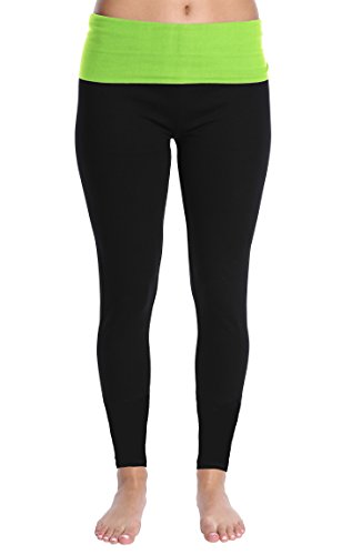 Blis Women Yoga Workout Legging Pant with Foldover Fold Over Color Waistband Standard