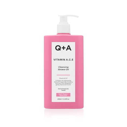Q+A Huile de Douche Nettoyante aux Vitamines A.C.E, Formulée pour un nettoyage luxueux et nourrissant, cette huile de douche nettoyante aux vitamines A.C.E. apaise et rajeunit la peau, 250ml