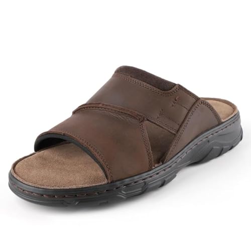 Image of riemot Mens Leather Sandals Memory Foam Footbed Summer Beach Sandal Indoor Outdoor Thick Sole Non-slip Lightweight Slides Brown
