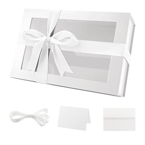 PACKQUEEN Large White Valentine's Day Gift Box with Window, 13.5x9x4.1 Inches Clear Gift Box for Present Contains Ribbon, Card, Bridesmaid Proposal Box with Magnetic Lid (Glossy White)