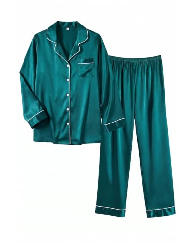 Image of Ekouaer Women Satin Pajamas Set Classic Button Down Long Pjs Set