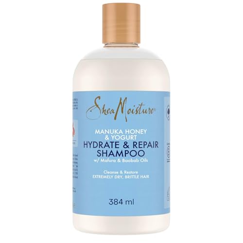 SheaMoisture Champú Hydrate & Repair con Miel de Manuka y Yogur - Champú Rizos Hidratante para Cabello Muy Seco y Dañado - Con Aceite de Baobab y Manteca de Karité - Sin Sulfatos - 1 x 384 ml