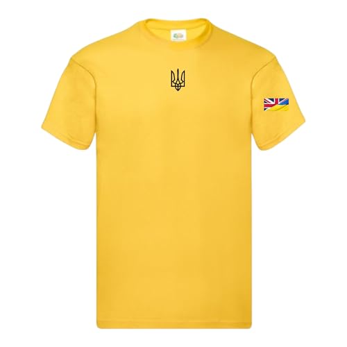 Ukrainian Trident Emblem T Shirt Split Ukraine United Kingdom Flag on Sleeve (UK Alpha M Regular Regular Yellow)