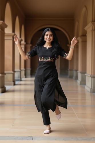 Image of eightone Women's White Cotton Straight Kurti with Floral Embroidery, Pin-Tuck Yoke, Casual Ethnic Wear