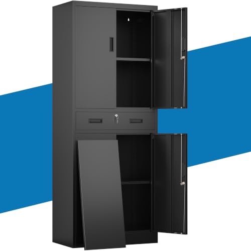 Image of Metal Storage Cabinet with Lock Door, Adjustable Shelves, 1 Drawer