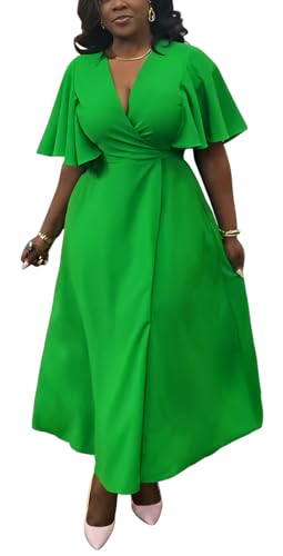 Image of Summer Dresses for Women Semi-Formal Fit Casual Short Ruffle Sleeve V Neck Elegant Swing Split Long Maxi Dresses