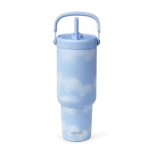 Image of Ello Oasis Go+ 32oz Tumbler with Top Handle and Retracting Straw | Reusable Insulated Stainless Steel Cup, 100% Leakproof Water Bottle, 24 Hours Cold, Cup Holder Friendly For Travel | In The Clouds