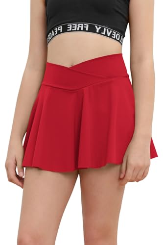 rrhss Gilrs Pleated Tennis Skirt with Pockets Kids V Crossover High Waisted Golf Skorts with Lining Shorts