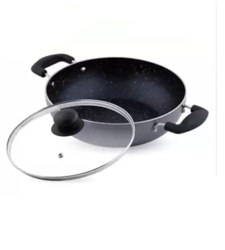 Image of BLAL Non-Stick Kadai with Glass Lid, Aluminium, 24 cm, 2.45 Litre, Non-Stick Coating, Deep Frying, Grey
