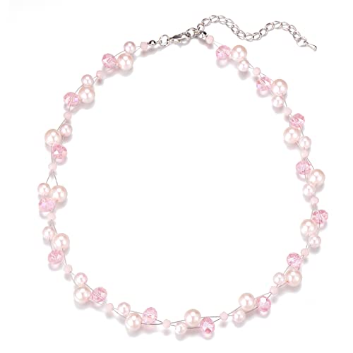 Bulinlin Damen Kristall Perlenkette Silber Boho Statement Choker Halskette für Frauen Modeschmuck Geburtstagsgeschenke（light pink）