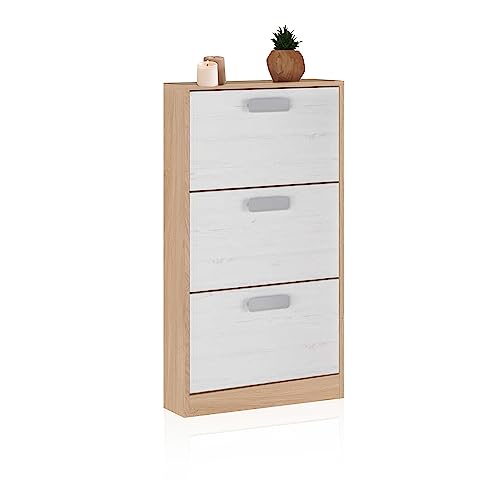 duehome | Zapatero 3 Puertas, Zapatero Estrecho, Modelo Play, Acabado en Color Tofe y Andersen, Medidas: 108 cm (Alto) x 60 cm (Ancho) x 17 cm (Fondo)