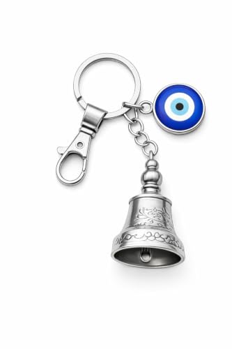 Growys Guardian Bell Keychain Tibetan Bell with Evil Eye, Black Hook Metal Keyring – Temple Bell for Good Luck, Negative Energy Protection (Pack of 1) (Sliver)