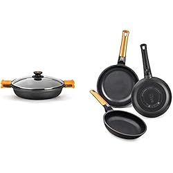 Bra Efficient Cacerola Baja BRA Efficient Cacerola baja con tapa de cristal y asas de silicona, 28 cm + Efficient Orange Set de 3 sartenes, aluminio fundido con antiadherente tricapa libre de PFOA, para todo tipo de cocinas