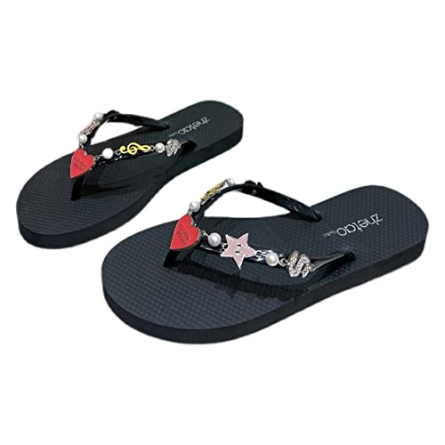 `Star Empty damenhausschuhe Sommer Flip-Flops Ladies süße Pfirsich Herzkette Flacher Boden All-Match-Flip-Toe-Strand Sandalen und Hausschuhe (Color : Schwarz, Size : 37 EU) Cover