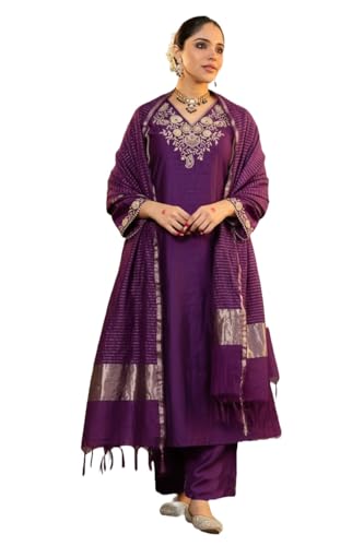 Image of Klosia Women Embroidery Solid Straight Kurta and Pant Set with Dupatta