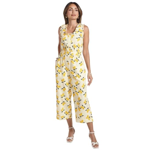 Masseys Ruffle Trim Denim Jumpsuit, 1X, Lemon