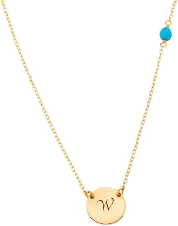 HotMixCold Circle Initial Charm Necklace and Small Gemstone Bead, Personalized Disc Necklace, Turquoise Birthstone Jewelry, 14k Rose Gold Fill, 925 Sterling Silver or 14k Gold fill