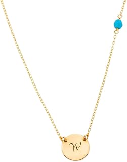 Circle Initial Charm Necklace and Small Gemstone Bead, Personalized Disc Necklace, Turquoise Birthstone Jewelry, 14k Rose Gold Fill, 925 Sterling Silver or 14k Gold fill