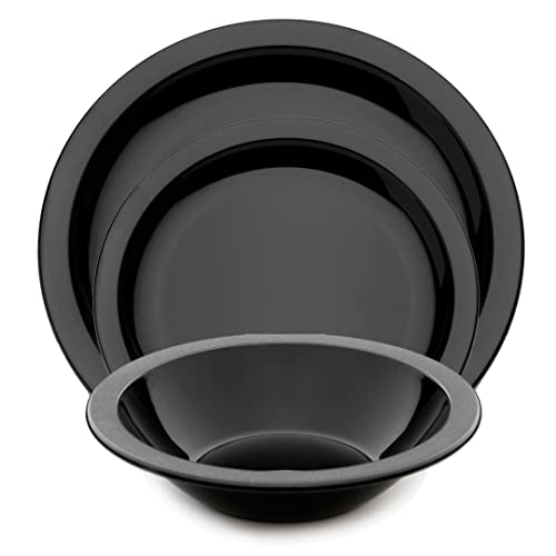 Harfield Tableware Juego de vajilla de 3 piezas de platos y cuenco prácticamente irrompible de policarbonato reutilizable (negro)