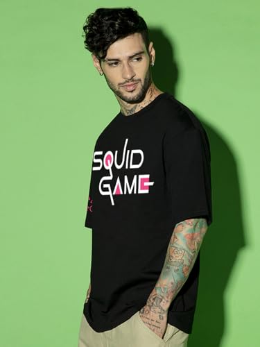 Image of Bewakoof X Squid Game Men's Cotton Graphic Print Oversized Fit Half Sleeve Round Neck T-Shirt | Casual Wear | Street Wear | Oversized t Shirt for Men Cotton | Baggy