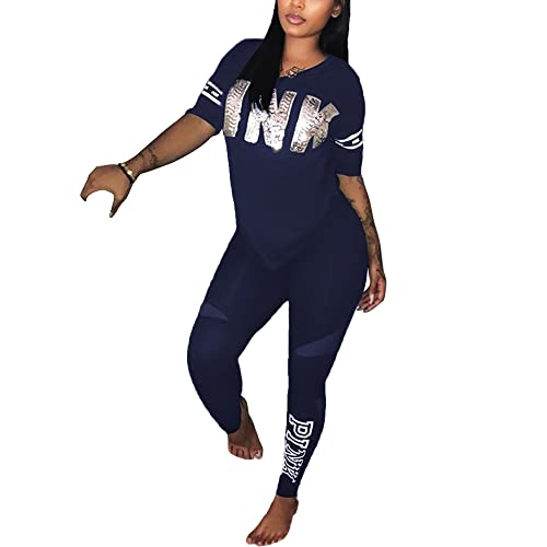 Nhicdns Workout Set For Women 2 Piece Outfits Letter Print Top And Sexy Mesh Patchwork Jogger Pants Navyblue L #TOP28