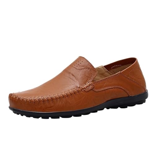 Mens Loafers Shoe Genuine Leather Round Toe Stitching Details Breathable Slip Resistant Comfortable Flexible Flat Heel Casual Driving Slip-ons