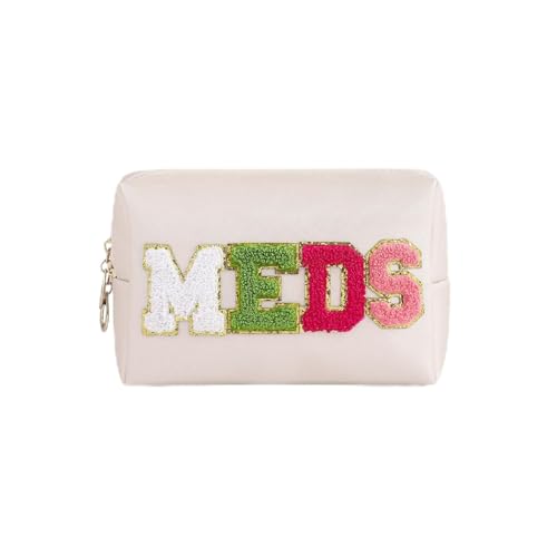Cute Chenille Letter Patch Medicine Makeup Bag, PU Leather Waterproof MEDS Cosmetic Bag with Zipper, Travel Toiletry MEDS Pouch, Daily Use Portable Organizer Makeup Bag (01Beige Bag)