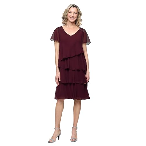 Image of S.L. Fashions Women's V-Neck Chiffon Cocktail Dress with Beaded Shoulders and Asymmetrical Tiers (Petite and Regular Sizes)