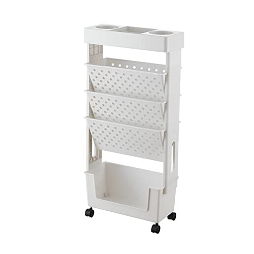 Estantería móvil multiusos de 5 niveles con ruedas para libros, revistas y archivos, color blanco, ideal para almacenamiento en el hogar y la oficina