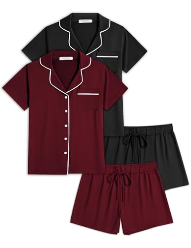 Image of Ekouaer 2 Pack Womens Pajamas Set Button Down Summer Sleepwear Short Sleeve Comfy Pjs Loungewear Set