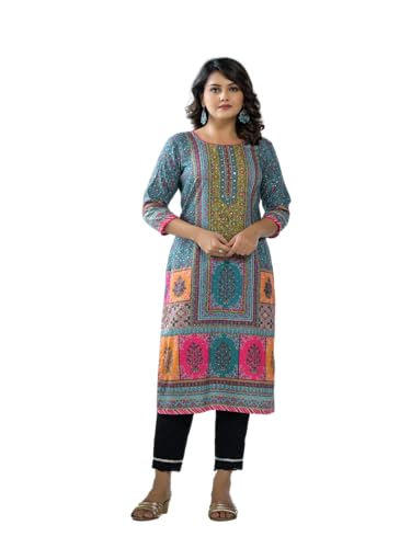 Image of Juniper Blue Floral Printed Liva Rayon Kurta with Beads & Sequins Work