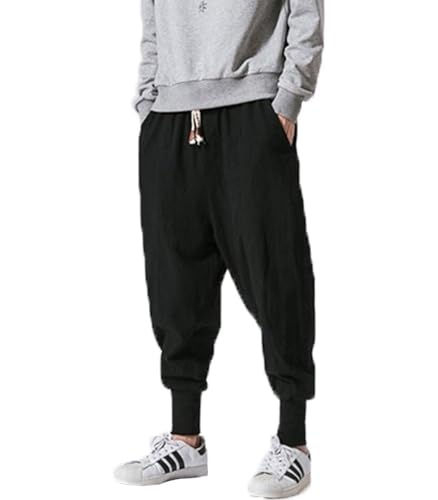 INVACHI Men's Baggy Harem Pants Japanese Linen Sweatpants Elastic Waist Hip Hop Joggers for Men - Thumbnail 4