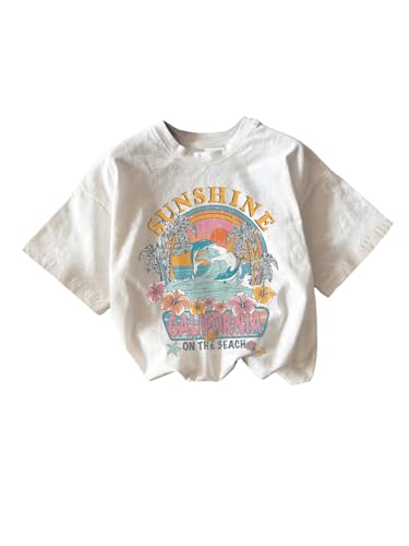RoseSeek Girl's Graphic Print Tee Shirt Round Neck Short Sleeve T Shirts Summer Cute Trendy Tops White 10Y