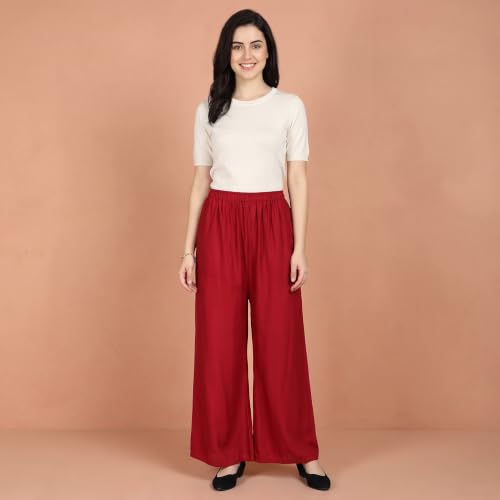 Image of FASHION GALLERY Women's Solid Rayon Palazzo Pants | Relaxed Fit Full Length Wide Leg Palazzo | Elastic Waist Comfortable Casual Lounge Office Ethnic Flared Trousers for Women