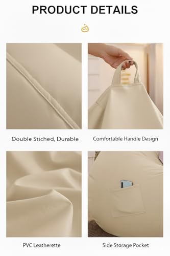 Image of 4XL Leatherette Bean Bag Chair with Footrest & Cushion with Beans Filled (Ready to Use) Color- (Cream, Bean Bag Only)
